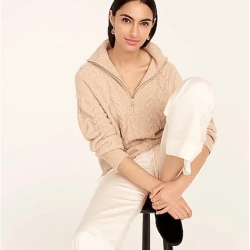 NEW J. Crew Cable Knit Half Zip Sweater Supersoft Yarn Beige Heather Linen BD032